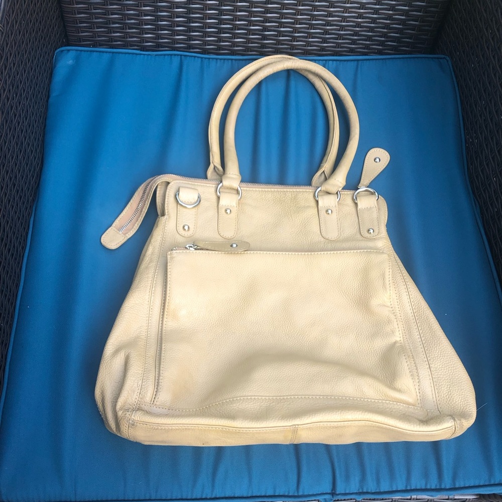 H36: All Leather Lancaster Hand bag overnight bag creme tan color Gold hardware